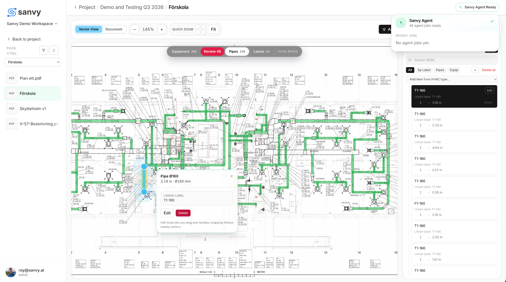 The Sanvy workspace: a ventilation drawing with traced duct runs and an automatic bill of materials